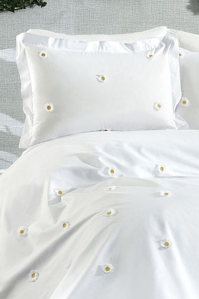 Minelya Home Collection Σετ 6 τεμαχίων 3d κεντημένο διπλό βαμβακερό λευκό παπλωματοθήκη με σχέδιο μαργαρίτα