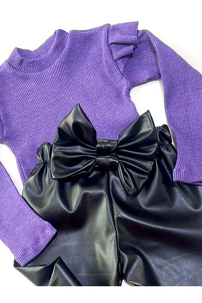 özge başaran Child, Black Leather Bow Detailed Trousers, Purple Shoulder Ruffle Badi and Headband Set.