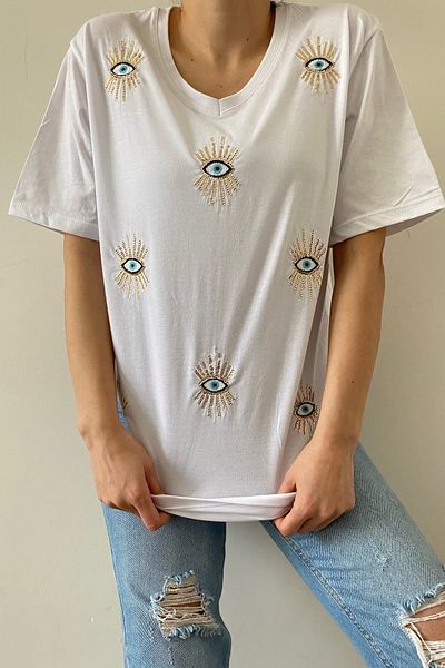 FEMELLE Women's White V-Neck Eye Pattern Sequin Sequin Embroidered 100% Cotton Plus Size T-Shirt