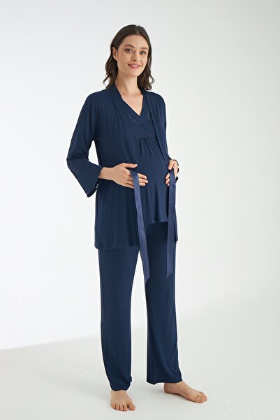 Miss Dünya Lissa Темно-синій мереживний детальний комплект піжами для вагітни...