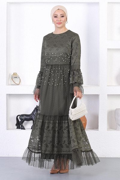 Modamihram Pearl Lace Flounce Sleeve Evening Dress Khaki 12213
