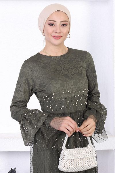 Modamihram Pearl Lace Flounce Sleeve Evening Dress Khaki 12213
