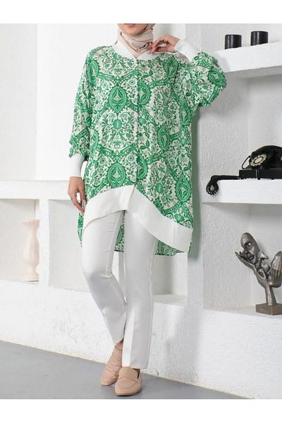 Modamorfo Grüne Oversize-Tunika - Blumen- und geometrisches Muster, gerippt, geknöpft