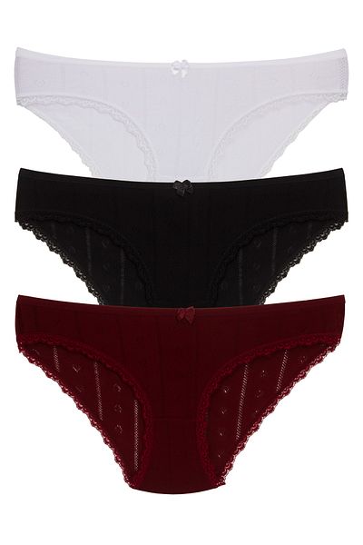 Soft Light Chiloți din dantelă jacquard ușoară pentru femei, 3 piese, alb-negru, roșu claret