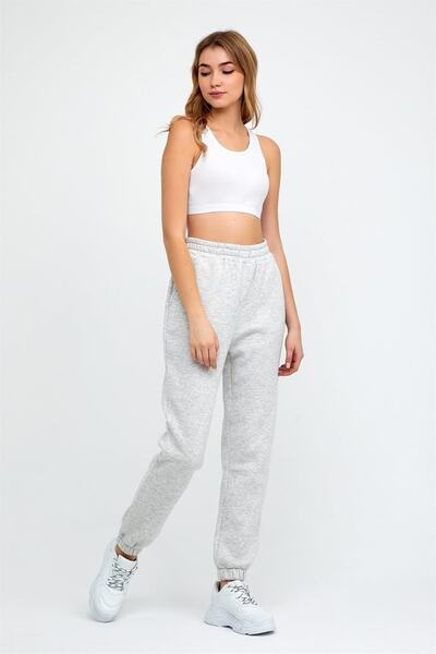 ESPİNA Women's Three Thread Knitted Sweatpants with Elastic Waist and Legs Jogger Gray