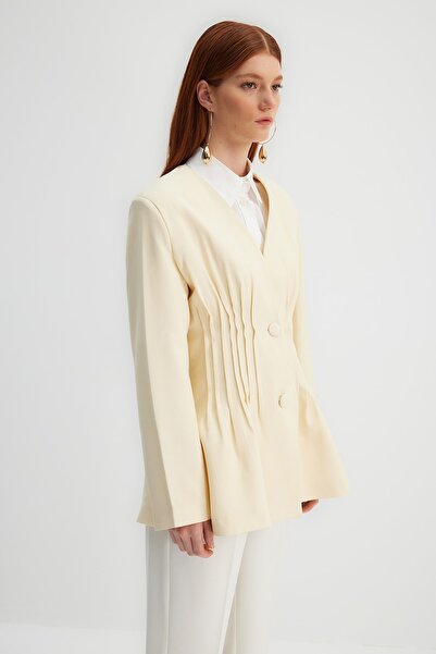 Trendyol Modest X Kevser Sarıoğlu Beige Rib Detailed Woven Jacket TCLSS23CK00002