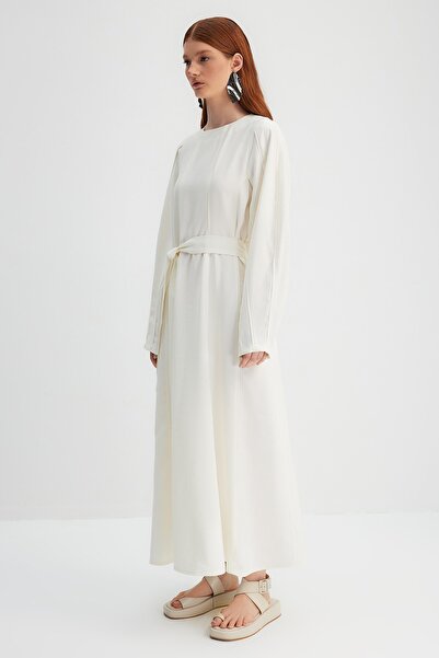 Trendyol Modest X Kevser Sarıoglu Ecru Belted Piping Detailed Woven Dress TCLSS23EB00001