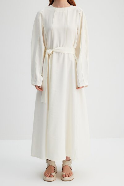 Trendyol Modest X Kevser Sarıoglu Ecru Belted Piping Detailed Woven Dress TCLSS23EB00001
