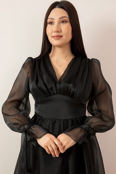 PULLIMM V-Neck Sleeve Detailed Janjan Chiffon Long Dress 13377