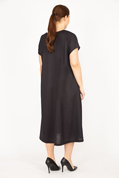 Şans Women's Black Plus Size V-Neck Floral Print Pocket Dress 65n35959