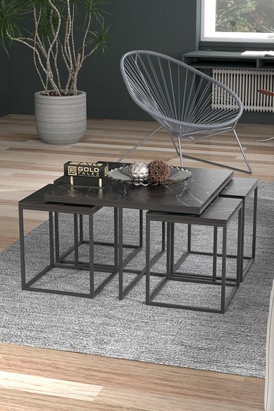 GOLDFALEZ 5-Piece Modern Nesting Coffee Table Set - 1 Center Table  + 4 Side Tables - Black Metal Frame