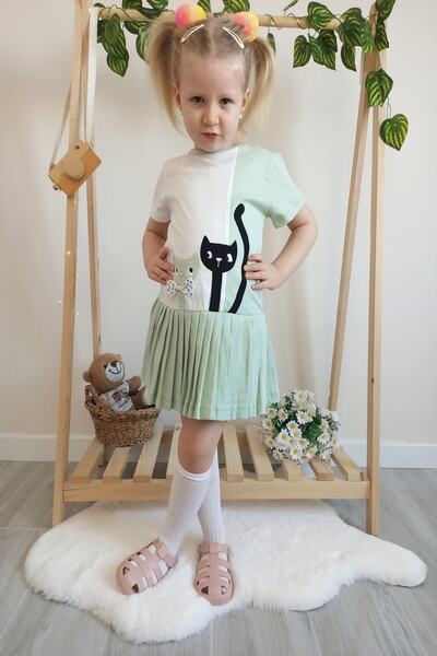 DFN Pleated Skirt Cat Patterned Dress