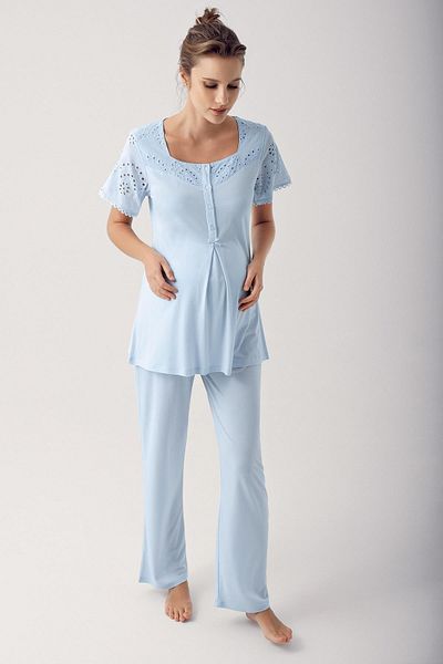 Artış Lace Buttoned Short Sleeve Stretchy Fabric Maternity Pajamas 12305