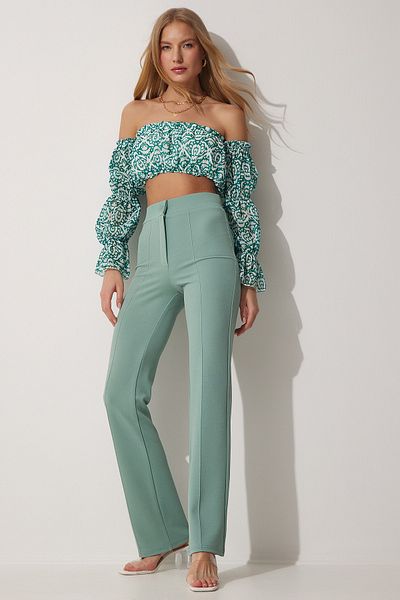 Happiness İstanbul Pantaloni tricotați confortabili din lycra cu talie înaltă verzi pentru femei RV00090