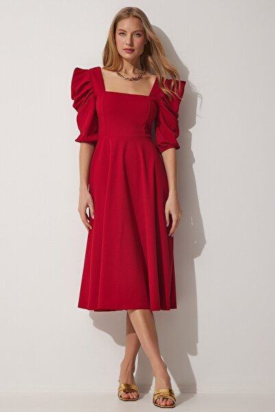 Happiness İstanbul Női Vörös tér galléros nyári hosszú ruha DK00147