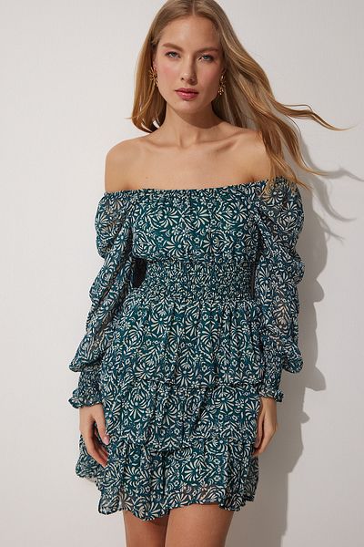 Happiness İstanbul Grünes, geblümtes Damen-Chiffonkleid mit Carmenkragen DK00146