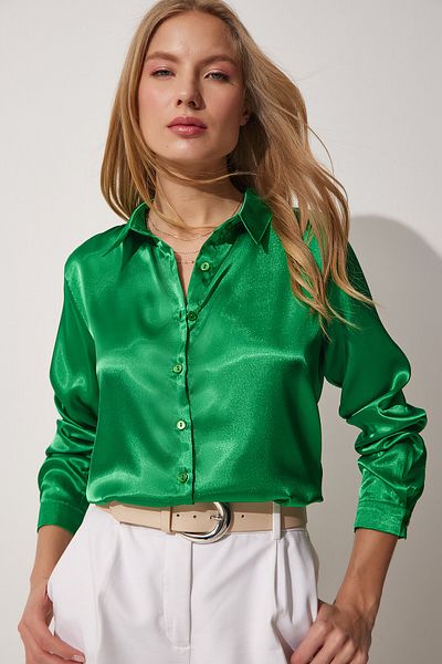Happiness İstanbul Women's Vibrant Green Lightly Flowy Satin Surface Shirt DD00990