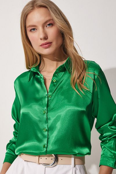 Happiness İstanbul Women's Vibrant Green Lightly Flowy Satin Surface Shirt DD00990