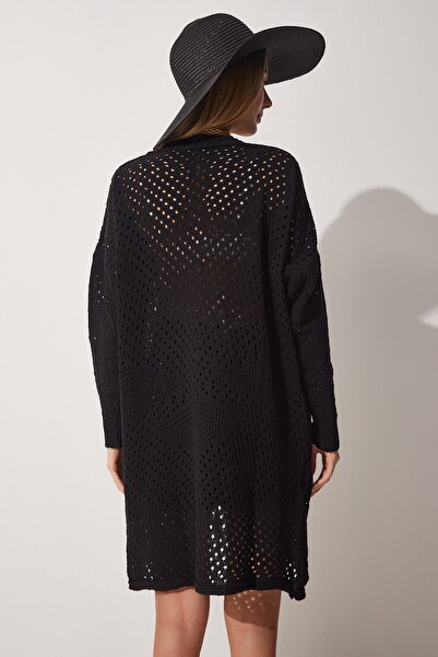 Happiness İstanbul Dámský černý prolamovaný dlouhý pletený Cardigan AS00025