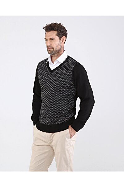Çizgi Triko Ανδρικό πλεκτό με λαιμόκοψη V μαύρο πουλόβερ με μοτίβο μανίκι και μέση ελαστικό ατσάλι πλεκτό κλασικό καλούπι