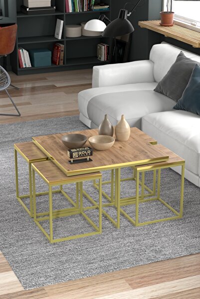 GOLDFALEZ Orta Sehpa Ve Zigon Sehpa 5'Li Lüx Set Altın Ceviz