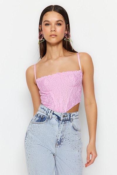 Trendyol Collection Pink Lace Crop Bustier - Korzet s detailním a grafickým zpracováním TPRAW23BS00062
