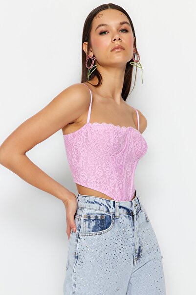Trendyol Collection Rózsaszín csipke Crop Bustier - Fűző részletesen és grafikával TPRAW23BS00062