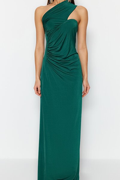 Trendyol Collection Smaragdově zelené dlouhé večerní šaty na jedno rameno TPRSS23AE00257