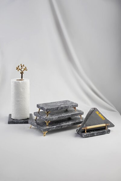 MERALP 3-Piece Gold Marble Dowry Set Presentation Holder & Napkin Holder & Roll Napkin Holder Cake Presentation, Metal Profile Base