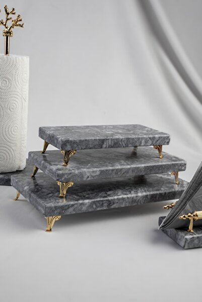 MERALP 3-Piece Gold Marble Dowry Set Presentation Holder & Napkin Holder & Roll Napkin Holder Cake Presentation, Metal Profile Base