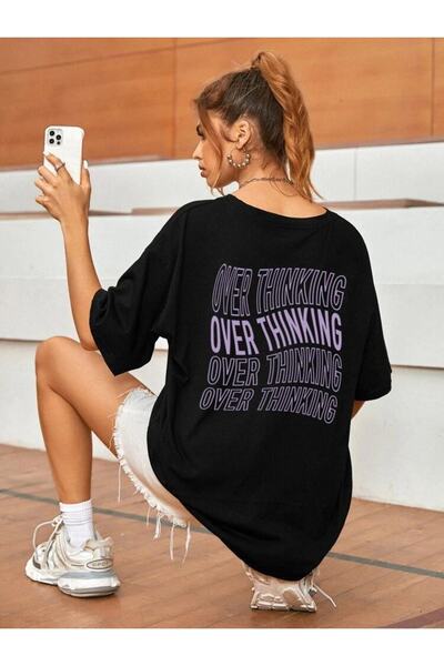 Harmandar Preterano razmišljanje Štampano Unisex crna Oversize kroj T-shirt