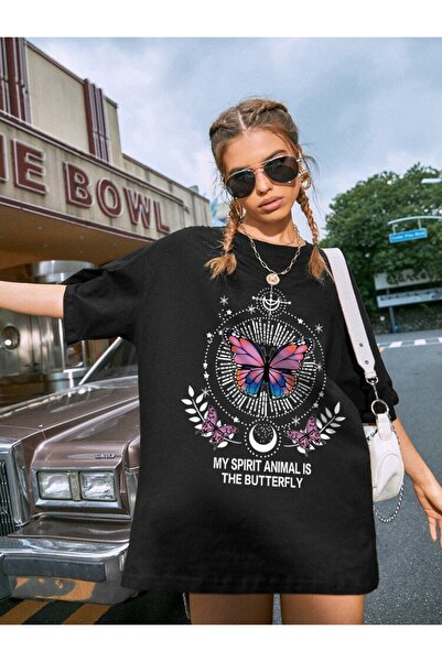 Harmandar Μπλουζάκι Moon Butterfly Printed Unisex Μαύρο Oversize