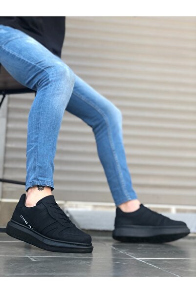 BOA Ba0548 Thick Side Patterned High Black Sole Black Lace-Up Sports Men's Shoes