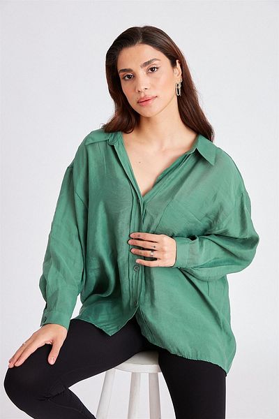 Suzi butik Cămașă oversize pentru damă, cu umăr jos, cu o formă lejeră, verde smarald