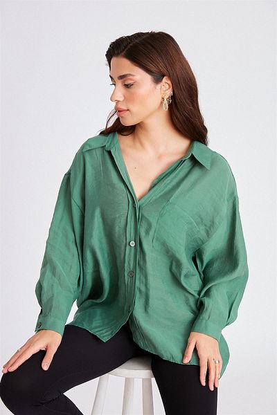 Suzi butik Cămașă oversize pentru damă, cu umăr jos, cu o formă lejeră, verde smarald