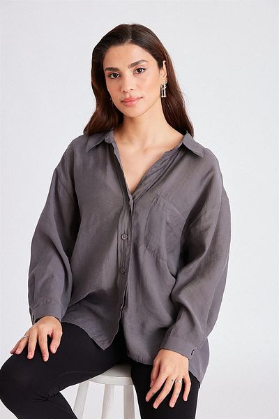 Suzi butik Cămașă oversize pentru femei gri închis - cu umăr dezactivat