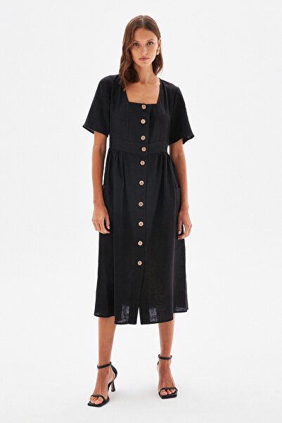 adL Kare Yaka Keten Elbise