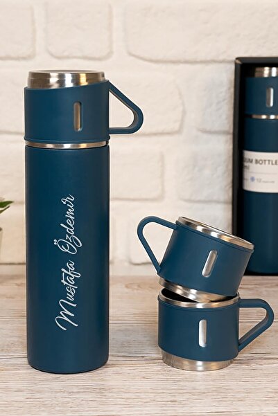 Genel Markalar Kişiye Isme Özel Üçlü Bardak Paslanmaz Çelik Termos Seti 500ml Lacivert