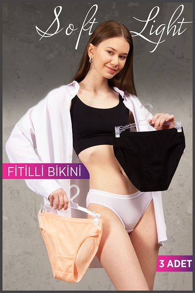 Soft Light Chiloți de bikini ușori, alb-negru, pudrați, pentru femei, pachet de 3