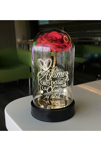 hediye-ci Cam Fanus Aşkımız Sonsuz Olsun Yazılı Lamba Kırmızı Gül