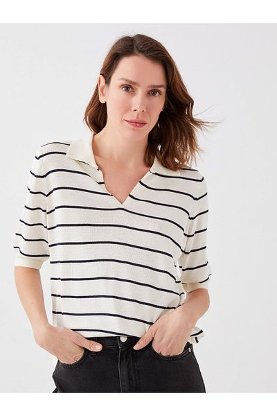 LC Waikiki Gestreifter Kurzarm-Strickpullover für Damen mit Polokragen