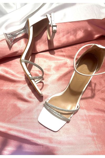 TrendyAnka Lady White Beige Jewelled Very Stylish 8 Cm Transparent Heeled Blunt Toe Wedding Engagement Evening Dress Shoes Sandals