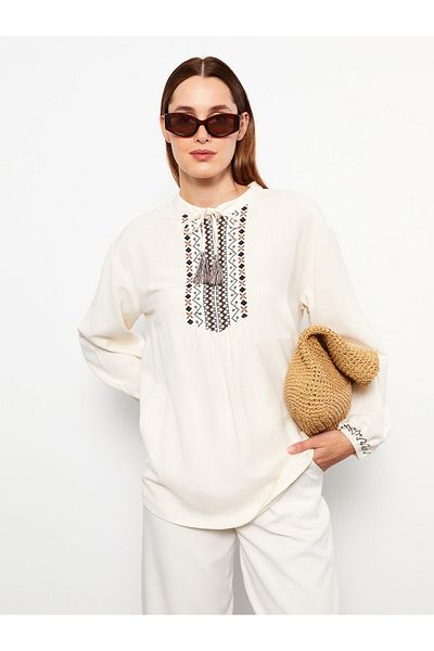 LC Waikiki Oversize dámská halenka s vyšívaným dlouhým rukávem s kravatou a krkem