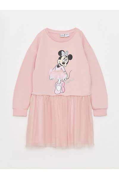 LC Waikiki Dievčenské šaty s dlhým rukávom s potlačou Minnie Mouse s výstrihom