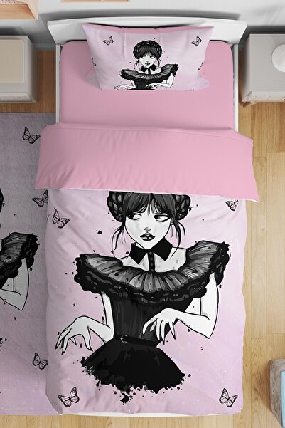 EVPANYA Pembe Wednesday Addams Desenli Tek Kişilik Bebek Çocuk Nevresim Takımı