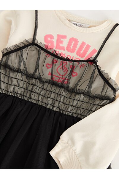 LC Waikiki Bisiklet Yaka Baskılı Uzun Kollu Kız Çocuk Tüllü Elbise