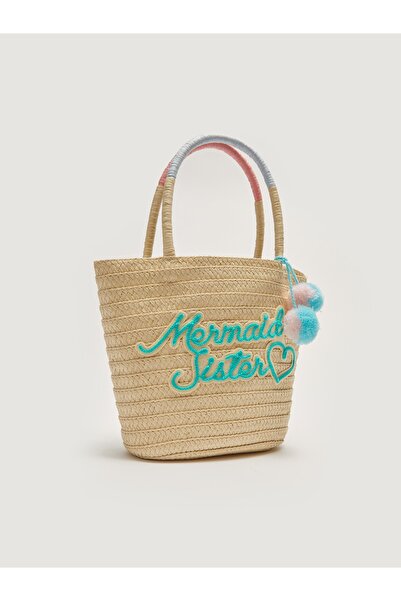 LC Waikiki Yazı Nakışlı Ponpon Detaylı Kız Çocuk Hasır Kol Çantası