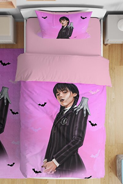 EVPANYA Fuşya Yarasalı Wednesday Addams Desenli Tek Kişilik Bebek Çocuk Nevre...