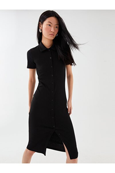 LC Waikiki Women's Dress - Shirt Collar, Solid, Short Sleeve