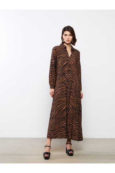 LC Waikiki Rochie de damă cu mânecă lungă cu guler cămașă cu model
